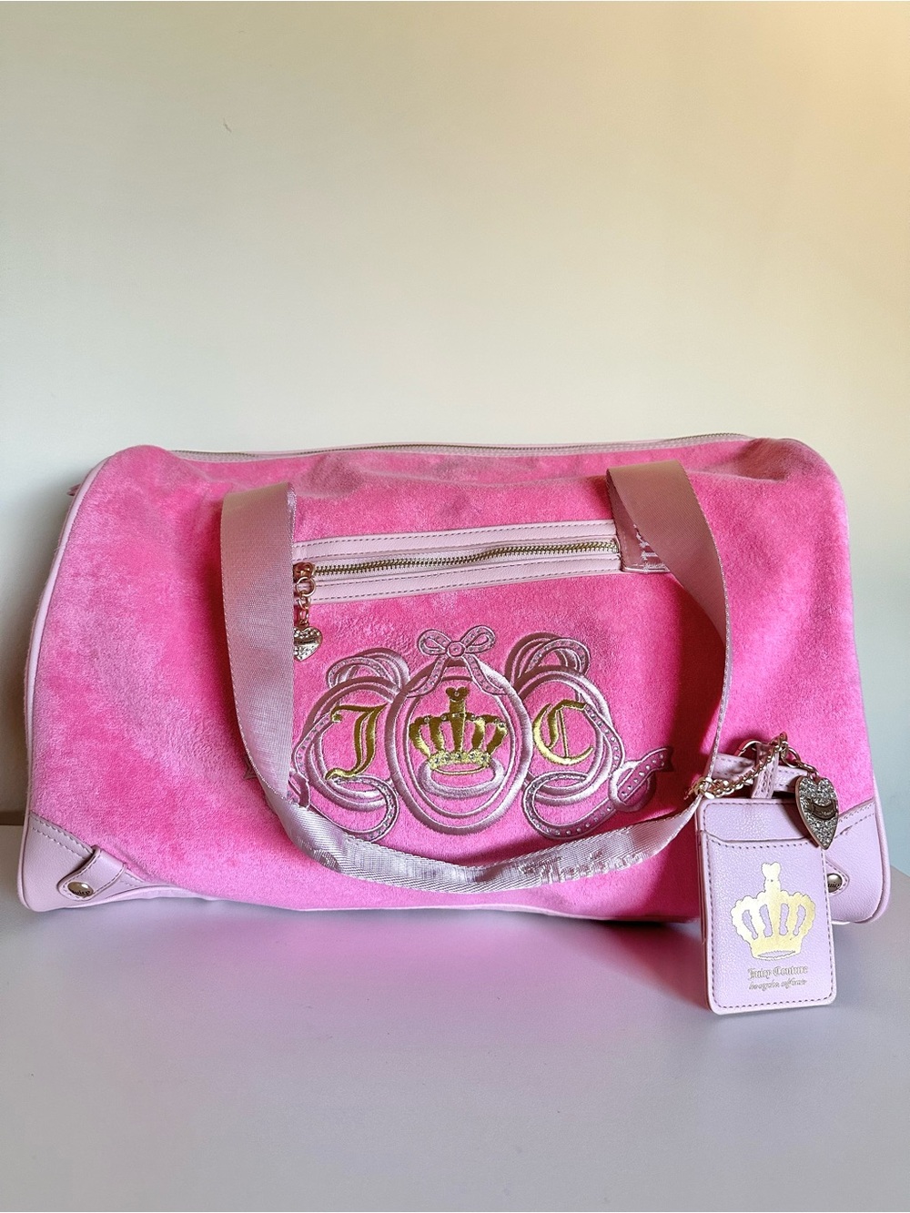 Juicy Couture Pink Duffle Terry Bag Crown Logo Charm Zip Lined Inner Pockets